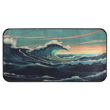 Imagem de Burbuja Tapete de cozinha Sea Wave 51 x 99 cm, tapete lavável antiderrapante com suporte de borracha, tapete para cozinha, sala de estar, banheiro, decoração de casa