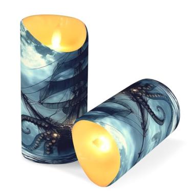 Imagem de Blueangle Pacote com 2 velas sem chama de navio pirata com controle remoto e temporizador, velas LED cintilantes (7,6 cm x 9,9 cm) para decoração de casa, casamento, acampamento (95)