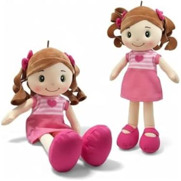 Imagem de Boneca de Pelúcia Rosa 40cm com Vestido Listrado e Laços - Material Macio para Crianças 3+ Anos - Brinquedo Educativo Infantil Meninas