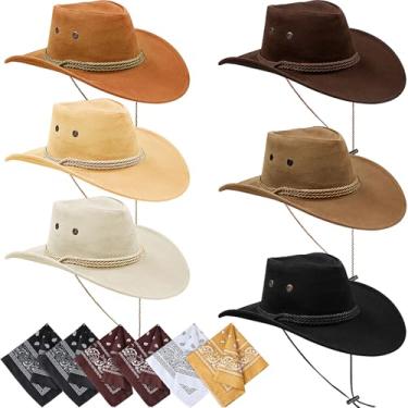 Imagem de M-Aimee Pacote com 6 chapéus de caubói ocidentais, chapéu de cowboy adulto com conjunto de bandanas, chapéus de festa de vaqueira para homens e mulheres festa à fantasia