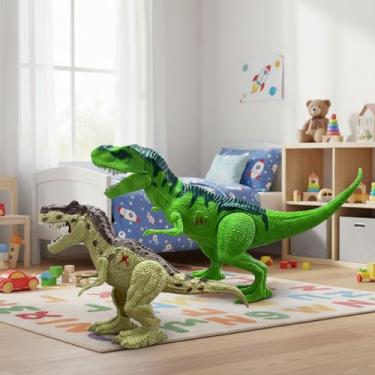 Imagem de Conjunto 2 Dinossauros de Brinquedo com Som e Luz, Rugido Selvagem, Figuras Articuladas Realistas, Acompanha Fósseis para Montar, Brinquedo Educativo Infantil