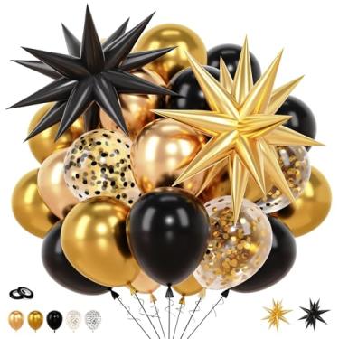 Imagem de Balões dourados metálicos pretos para graduações, balões de confete transparentes, 52 peças, decorações de balões pretos e dourados de 30,5 cm para graduação, aniversário, ano novo, casamento, pano de