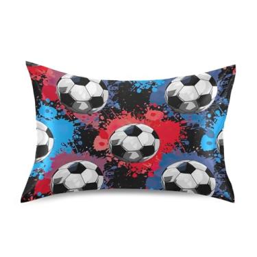Imagem de Bolas de Futebol Azul Vermelho Preto Cetim Fronhas Floral Luxo Refrescante King Queen Travesseiros Padrão Fronha Extra Macia Tamanho Padrão 66 cm x 50 cm