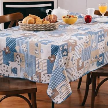 Imagem de Toalha de Mesa Retangular 4 Cadeiras Oxford Estampada – Decoração de Cozinha e Sala (Capuccino Azul)