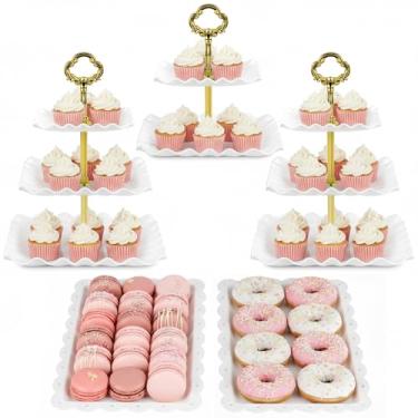 Imagem de NWK Conjunto de 5 peças de suporte de bolo com 2 suportes de cupcake de 3 camadas, 1 suporte de cupcake de 2 camadas, 2 bandejas de aperitivo, para decoração de chá de chá de bebê, aniversário de