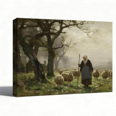 Imagem de Arte de parede em tela de pastor com ovelhas, reprodução de pintura a óleo de paisagem de fazenda vintage, decoração de parede rústica, embrulhada para galeria, pronta para pendurar, exibição de mesa
