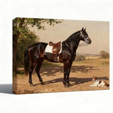 Imagem de Arte de parede em tela, impressão de pintura a óleo de cavalo preto e cachorro, arte de parede equestre vintage, decoração de escritório de sala de estar, casa de fazenda, embrulhada para galeria