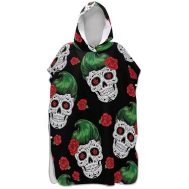 Imagem de Joisal Red Rose Sugar Skull Black Surf Poncho Adulto Trocador de Roupão Masculino Secagem Rápida com Capuz Toalha de Natação