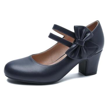 Imagem de Enelauge Sapatos femininos Mary Jane de salto alto com laço retrô fechado bico redondo doce tira no tornozelo salto bloco baixo chique vestido vintage festa de casamento escritório sapatos diários