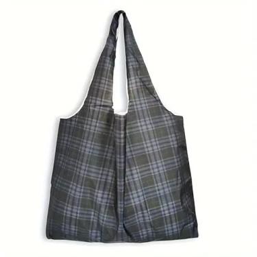 Imagem de 1 bolsa de compras grande dobrável, sacola de compras reutilizável, à prova d'água, portátil, leve para uso diário, lavável na máquina, sacola casual, xadrez preto