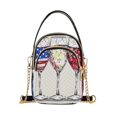 Imagem de Bolsa tiracolo Sunset Dolphins pulando na água para mulheres bolsa tiracolo com zíper triplo pequena, bolsa tiracolo pequena, Taças de vinho com bandeira americana, 15*21*8cm