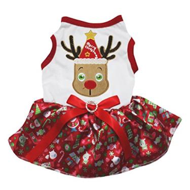 Imagem de Petitebella Lindo vestido para cachorro com rosto de rena (branco/vermelho Natal, 3GG)