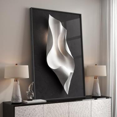 Imagem de Arte de parede emoldurada em preto e branco, pinturas de impressão de luxo minimalistas modernas grandes para paredes, imagens contemporâneas elegantes em forma ondulada para sala de estar, sala de