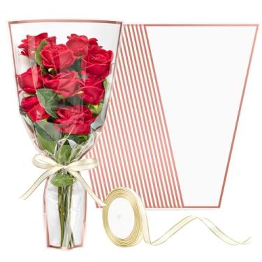 Imagem de Jutieuo 50 peças de sacos de flores brancas para buquê, 40 x 29 cm, mangas de flores frontais transparentes, envoltórios florais de plástico com fitas para suprimentos de embalagem de floristas