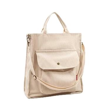 Imagem de Bolsa feminina de veludo cotelê, bolsa tiracolo ajustável, bolsa casual dobrável e lavável com fecho de zíper, bolso frontal, 28 x 32 x 7,9 cm, forro de poliéster durável, branca