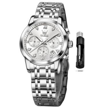 Imagem de OLEVS Relógio feminino multifuncional em dois tons, moderno, analógico, quartzo, feminino, aço inoxidável, à prova d'água, diamante, para mulheres, Relógio todo prateado 2858, relógio feminino