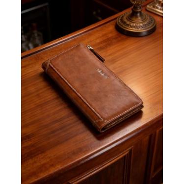 Imagem de Carteira masculina com zíper lateral, bolsa de couro com vários compartimentos para cartões e bloqueio RFID, organizador casual de grande capacidade para um transporte funcional (bronzeado claro)