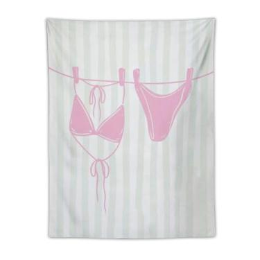 Imagem de Conjunto de biquíni rosa em linha, tapeçaria de linha mínima, arte listrada, decoração de casa temática de praia, decoração de casa para quarto, banheiro, vibe de verão, tapeçaria 76 x 101 cm