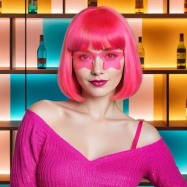 Imagem de Touca de cabelo + (óculos de sol) Peruca bob vermelha rosa com franja com óculos de sol em forma de estrela, roupa de néon, perucas divertidas para mulheres, perucas de festa vermelha, fantasia de