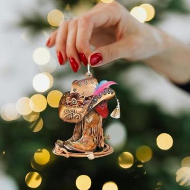 Imagem de Ornamento personalizado de botas e chapéu de caubói, decoração de pingente de carro de acrílico plano de vaqueira, presente de lembrança de feriado para cowboys, vaqueiras, fãs de música country