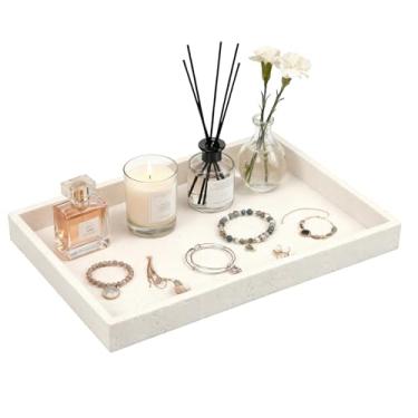 Imagem de Bandeja de travertino artificial, bandeja de perfume de 30 x 20 cm para balcão de banheiro, penteadeira, organizador de casa, bandejas decorativas de mármore para perfume, joias, velas, café