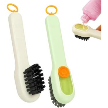 Imagem de Kit 2 Escovas de Limpeza Multiuso com Dispenser de Sabão – Práticas para Cozinha, Banheiro, Piso, Azulejos, Sapatos – Mais Eficiência, Menos Desperdício