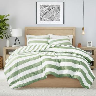 Imagem de Conjunto de edredom queen listrado reversível, de microfibra macia com design de listras dupla face, quente e aconchegante para todas as estações, conjunto de edredom e fronhas de 3 peças, tamanho