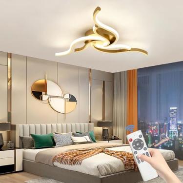 Imagem de Luminária de teto LED moderna e regulável, 42W/3200lm, multifuncional, com controle remoto, ideal para sala de estar, escritório, sala de jantar e cozinha (dourada, 3 lâmpadas).