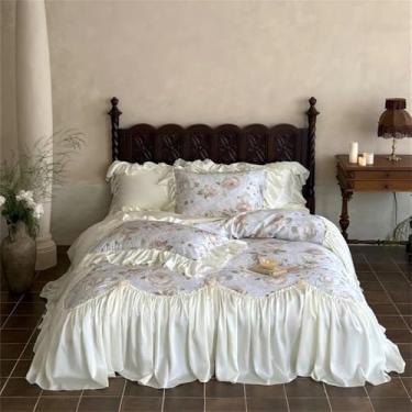 Imagem de Conjunto de cama vintage com estampa floral e babados grandes em algodão liocel, capa de edredom, lençol de cima e lençol de baixo com elástico, estilo 1, lençol de baixo 1,8 MBed