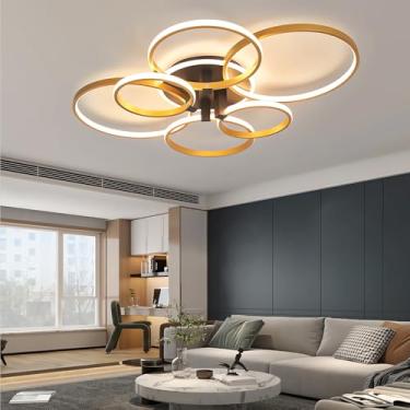 Imagem de Luminária de teto LED dimerizável 80W dourada para sala de estar com controle remoto, luminária de teto redonda para quarto, cozinha, semi-embutida, iluminação de teto econômica para escritó