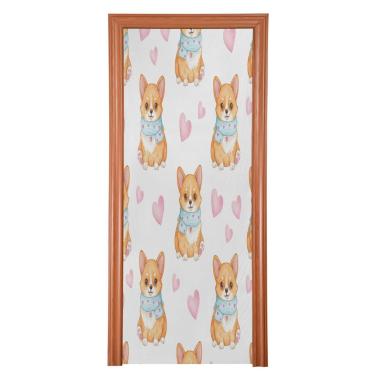 Imagem de ATTX Dia dos Namorados Corgi Puppies Capa para porta da frente - Tecido elástico lavável decoração de férias para festas, casa, decoração de porta da frente, 91 x 98 pol. (879)