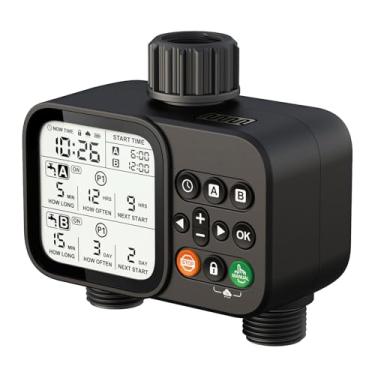Imagem de Temporizador de irrigação de 2 zonas para mangueira de jardim, 8 mangueiras programáveis com atraso automático de chuva, tela LCD grande de 8,4 cm, sistema de irrigação digital para plantas, quintais