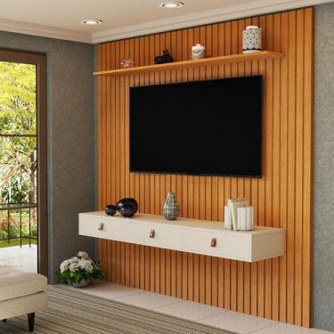 Imagem de Painel Ripado 229cm TV até 80 Pol Nicho, Gaveta, Prateleira Cor:Natura
