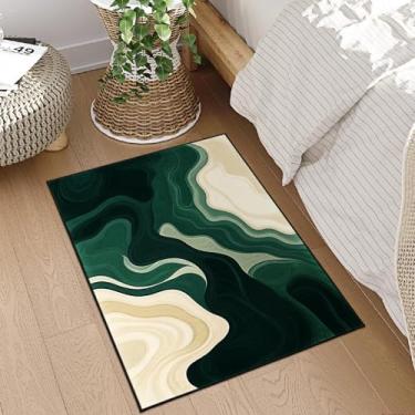 Imagem de AQQA Tapete de entrada lavável verde e bege, tapetes de cozinha 5 x 7 cm para entrada de banheiro, tapete de porta interno antiderrapante de borracha ultrafino, tapete abstrato pequeno para entrada de