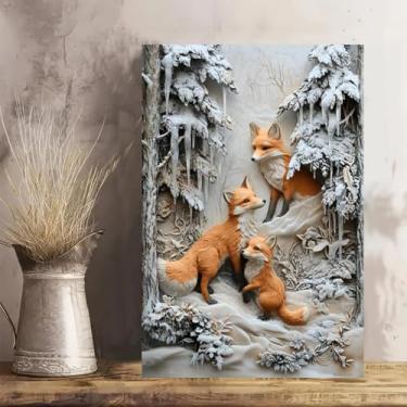 Imagem de Winter Fox Family Arte de parede em tela rústica vintage - Pôster sem moldura de 30 x 45 cm - Ideia de presente para decoração de casa e escritório para sala de estar, quarto, cozinha e café
