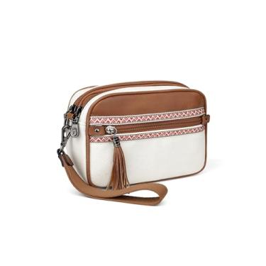 Imagem de FADEON Carteira de pulso feminina, bolsa tiracolo de couro de designer RFID com 5 zíperes, suporte para cartão de crédito, organizador de celular, Marrom contrastante bege