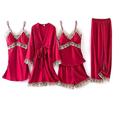 Imagem de HHHJQFAAT Pijama feminino de cetim curto quimono robe pijama vestido lingerie de renda conjunto roupão de banho camisola G preto 4 peças (preto b)