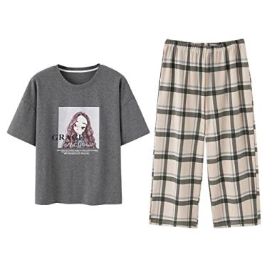 Imagem de HHHJQFAAT Conjunto de pijama de calça de comprimento de bezerro + blusa de manga curta roupa de dormir plus size pijama feminino (cinza 2X)