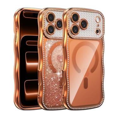 Imagem de UCASONG Capa magnética transparente para iPhone 17 Pro de 6,3 polegadas com cartão de glitter gradiente de coração de amor, linda moldura ondulada encaracolada com strass brilhante, compatível com