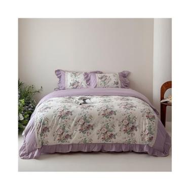 Imagem de x3anggyt5 Conjunto de cama chique vintage com estampa floral, 100% algodão, conjunto de capa de edredom com saia de cama, conjunto de 4 peças (roxo, saia de cama de 1,8 x 2 m, 4 peças)