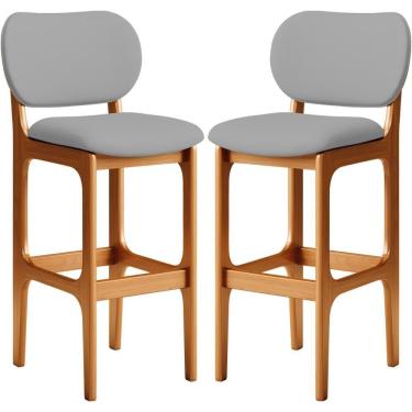 Imagem de Kit 02 Banquetas Alta Para Cozinha Madeira Fixa Betta L02 Imbuia Corano Cinza - Lyam Decor