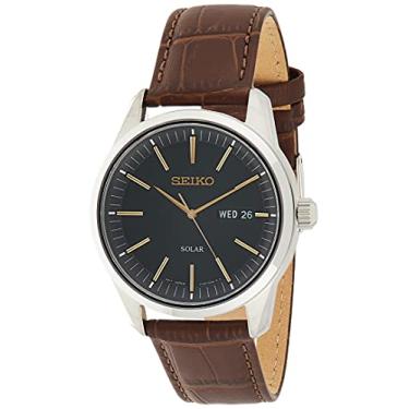 Imagem de Seiko Pulseira masculina de couro de quartzo japonês de aço inoxidável, Caixa de aço inoxidável