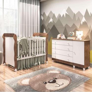 Imagem de Quarto de Bebê Cômoda 4 Gavetas com Fraldário Taís Berço Mini Cama Mirelle Branco Amadeirado Carolina Baby