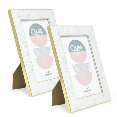 Imagem de Kit 2 Porta Retrato Dourado/Mármore Branco 10X15