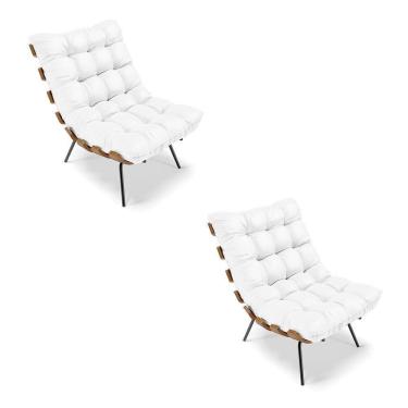 Imagem de Kit 02 Poltronas Costela Corino Branco Base Metálica Preto
