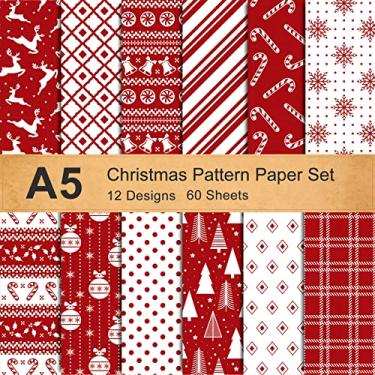 Imagem de Whaline 12 Designs Conjunto de papel com padrão de Natal, tamanho A5, 60 folhas, floco de neve, rena, árvore de Natal, papel brilhante, branco, vermelho, decorativo, dupla face para fazer cartões e scrapbook