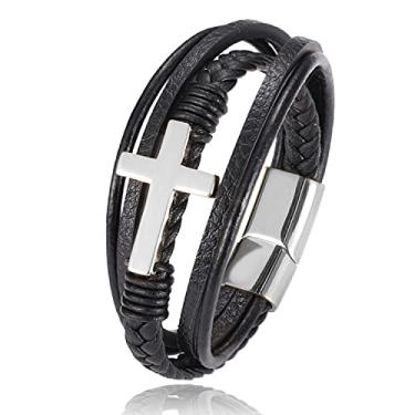Imagem de ToneGrip Pulseiras de couro religiosas com cruz pulseira personalizada para homens e mulheres pulseira de couro de aço inoxidável multicamadas trançada, corrente masculina com fecho