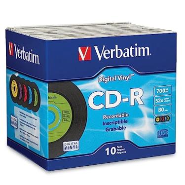 Imagem de Verbatim Discos em branco CD-R 700 MB 80min 52X disco gravável para dados e música com superfície de vinil digital - 10 unidades de capa fina azul/verde/laranja/rosa/roxo