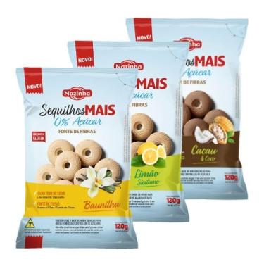 Imagem de KIT 3 Unidades Sequilhos Mais Sem Açúcar Sem Glúten Sem Lactose 120g - Nazinha (Cacau e Coco)