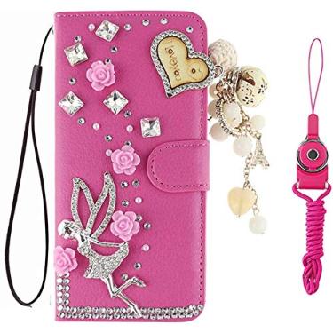 Imagem de HFICY Capa de telefone feminina com 2 peças de protetor de tela de vidro e 2 cordões brilhantes diamantes cristais carteira de couro capa feminina (pingente de anjo rosa, para iPhone 7 Plus/8 Plus)